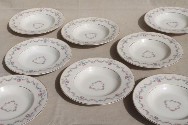 photo of Arcadia Old Ivory Syracuse china, vintage soup bowls w/ pink & blue floral garland #1