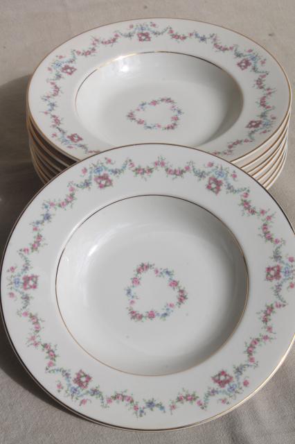 photo of Arcadia Old Ivory Syracuse china, vintage soup bowls w/ pink & blue floral garland #2