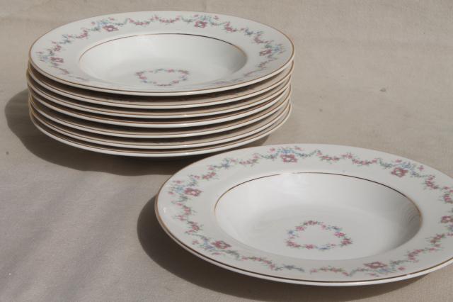 photo of Arcadia Old Ivory Syracuse china, vintage soup bowls w/ pink & blue floral garland #3