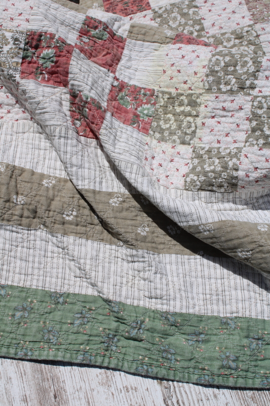 photo of Arch quilts vintage cotton patchwork quilt, mint green, sage tan, coral & pink prints #3