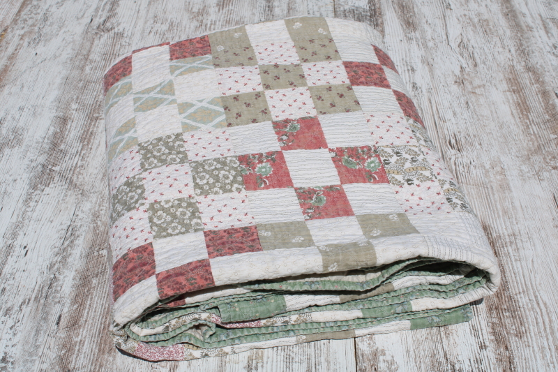 photo of Arch quilts vintage cotton patchwork quilt, mint green, sage tan, coral & pink prints #6