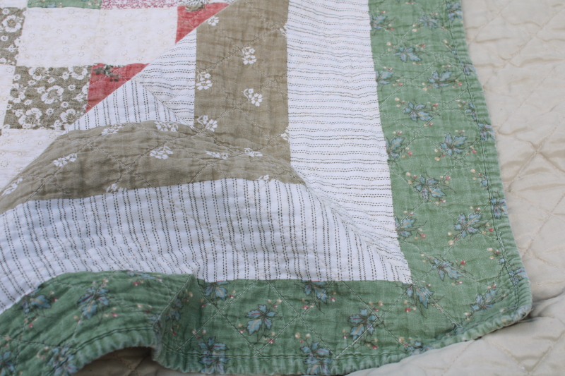 photo of Arch quilts vintage cotton patchwork quilt, mint green, sage tan, coral & pink prints #9