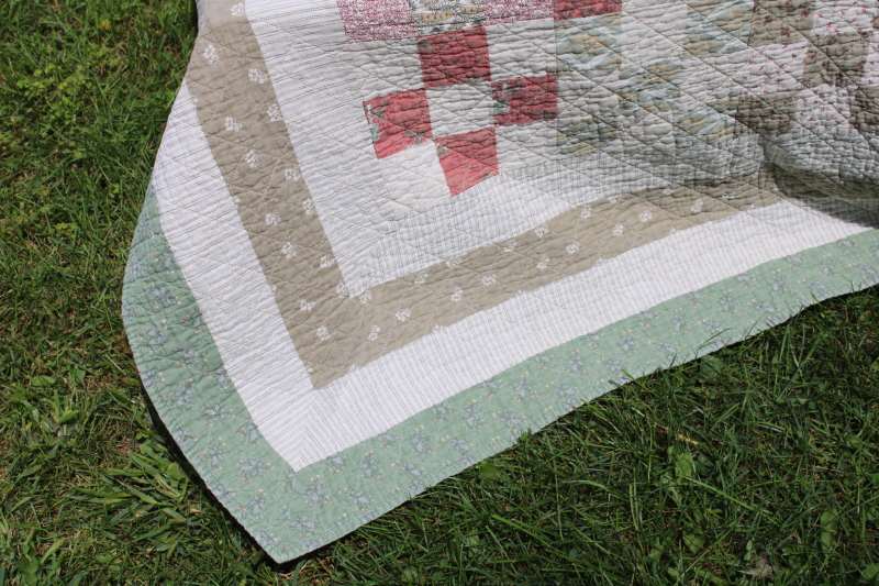 photo of Arch quilts vintage cotton patchwork quilt, mint green, sage tan, coral & pink prints #12