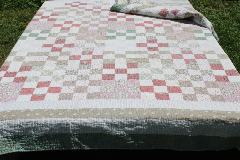 photo of Arch quilts vintage cotton patchwork quilt, mint green, sage tan, coral & pink prints #13