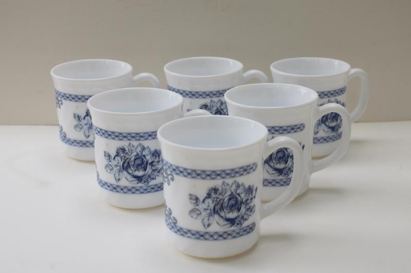 photo of Arcopal Honorine pattern mugs or coffee cups, French blue & white toile Arcoroc glassware #1