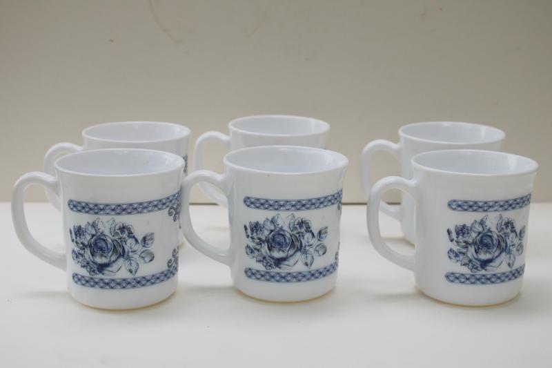 photo of Arcopal Honorine pattern mugs or coffee cups, French blue & white toile Arcoroc glassware #4