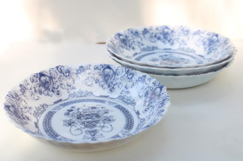 photo of Arcopal Honorine pattern soup plates, French blue & white toile Arcoroc glassware #2