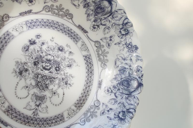 photo of Arcopal Honorine pattern soup plates, French blue & white toile Arcoroc glassware #5