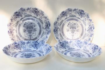 Arcopal Honorine pattern soup plates, French blue & white toile Arcoroc glassware