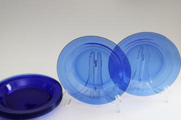 catalog photo of Arcoroc France cobalt blue glass soup bowls rimmed plates French kitchen glass