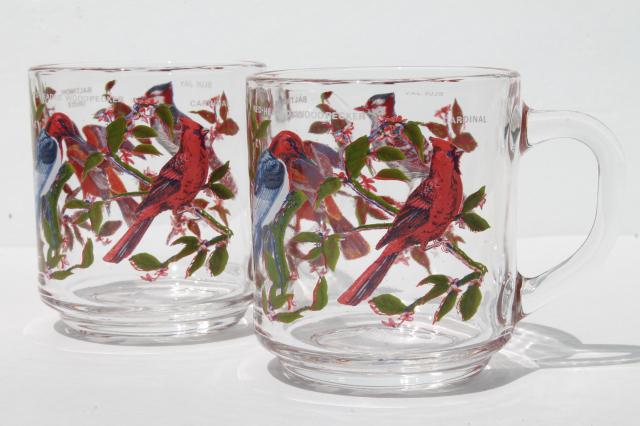 photo of Arcoroc glass coffee cups, pair of vintage song bird print mugs #1