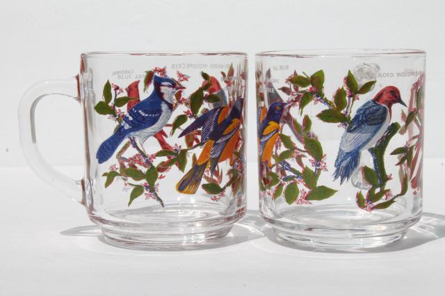 photo of Arcoroc glass coffee cups, pair of vintage song bird print mugs #3