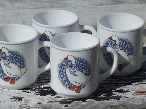 photo of Arcoroc glass coffee mugs, blue calico goose set of 4 80s retro cups  #1