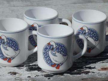 catalog photo of Arcoroc glass coffee mugs, blue calico goose set of 4 80s retro cups 