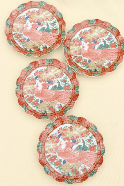 photo of Arita Imari porcelain peacock red & green fluted plates set, vintage Japan #1