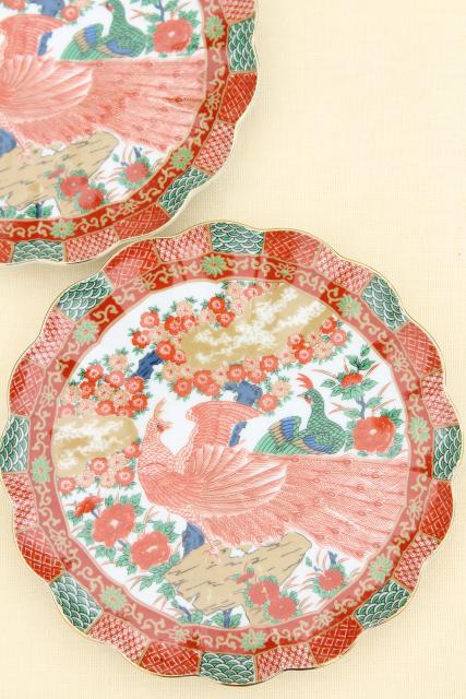 photo of Arita Imari porcelain peacock red & green fluted plates set, vintage Japan #2