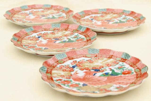 photo of Arita Imari porcelain peacock red & green fluted plates set, vintage Japan #3