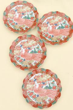 catalog photo of Arita Imari porcelain peacock red & green fluted plates set, vintage Japan