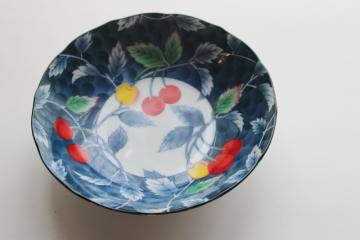 catalog photo of Arita ware vintage Japanese porcelain fruit dish, hand painted red & yellow cherries w/ blue 