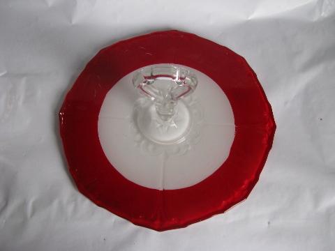 photo of Art Deco vintage cake or sandwich plate w/ handle, red & white octagon elegant glass #2