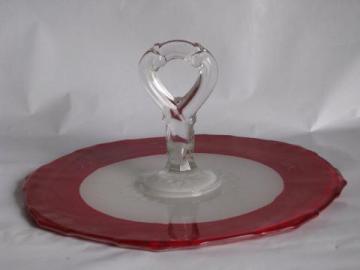 catalog photo of Art Deco vintage cake or sandwich plate w/ handle, red & white octagon elegant glass