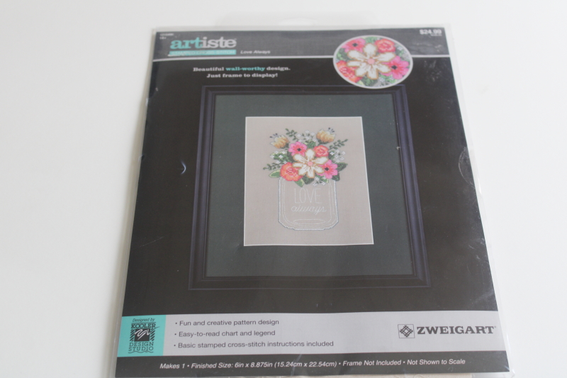 photo of Artiste stamped cross stitch embroidery picture kit, Love Always mason jar floral bouquet  #1