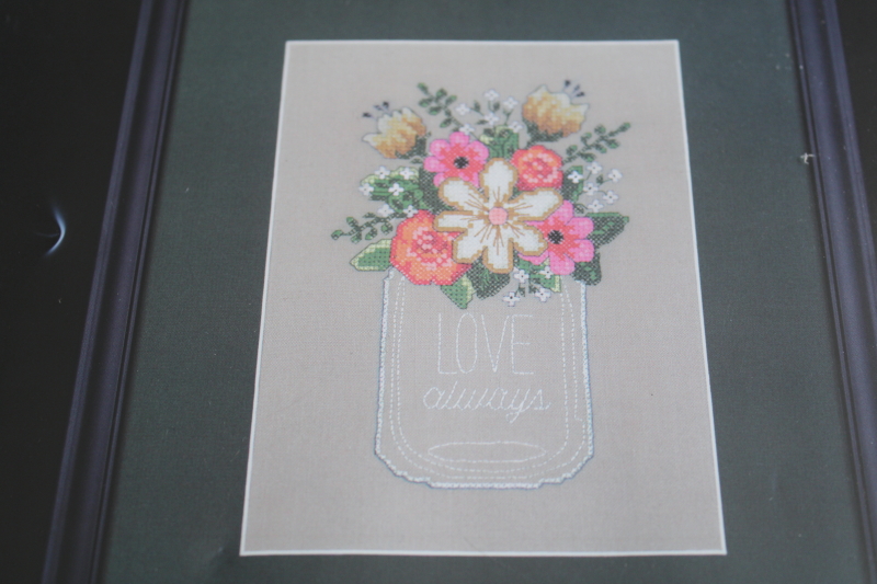 photo of Artiste stamped cross stitch embroidery picture kit, Love Always mason jar floral bouquet  #2