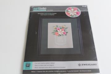 catalog photo of Artiste stamped cross stitch embroidery picture kit, Love Always mason jar floral bouquet 