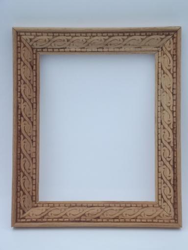 photo of Arts & Crafts vintage carved oak picture frame, natural unfinished wood #1