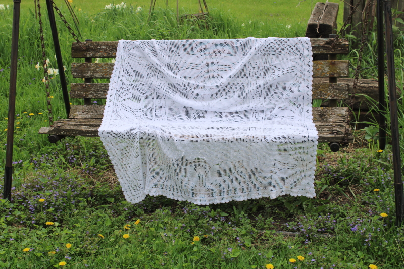 photo of Arts & Crafts style floral vintage handmade white cotton crochet lace tablecloth or curtain 86 x 50  #1