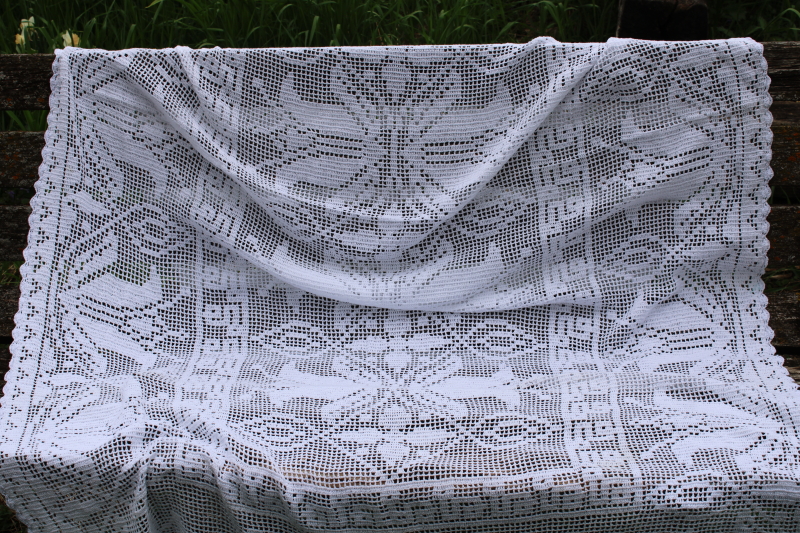 photo of Arts & Crafts style floral vintage handmade white cotton crochet lace tablecloth or curtain 86 x 50  #2