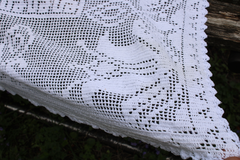 photo of Arts & Crafts style floral vintage handmade white cotton crochet lace tablecloth or curtain 86 x 50  #3