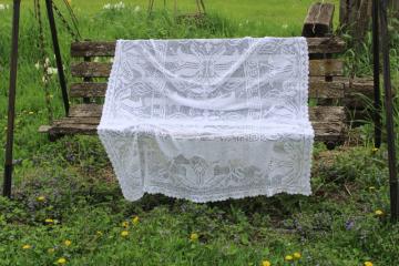 catalog photo of Arts & Crafts style floral vintage handmade white cotton crochet lace tablecloth or curtain 86 x 50 
