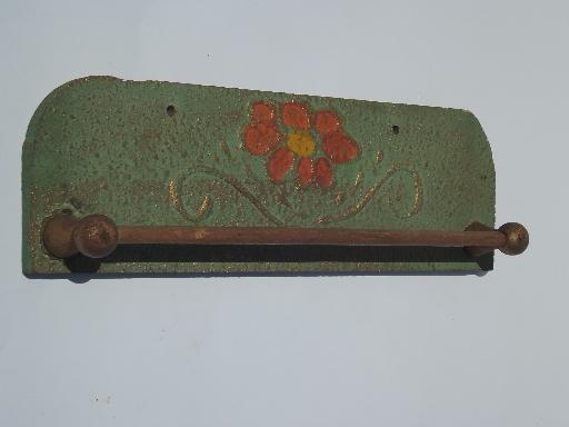 photo of Arts and Crafts wall mount towel bar, vintage wood rack w/ original paint #1