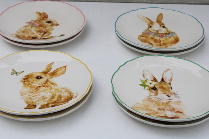 photo of Ashland Easter bunnies pattern dishes, 8 ceramic salad plates w/ pastel borders, bunny rabbits #1