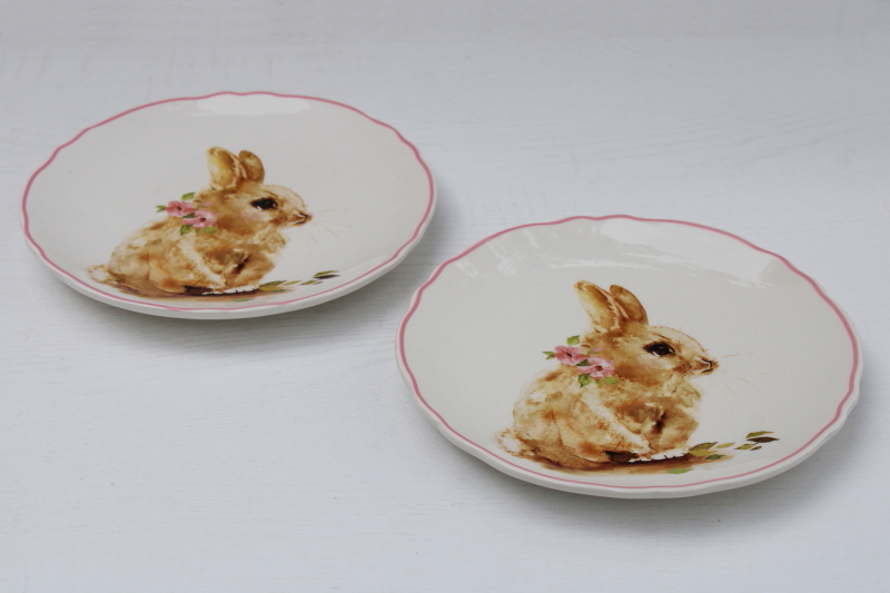 photo of Ashland Easter bunnies pattern dishes, 8 ceramic salad plates w/ pastel borders, bunny rabbits #4