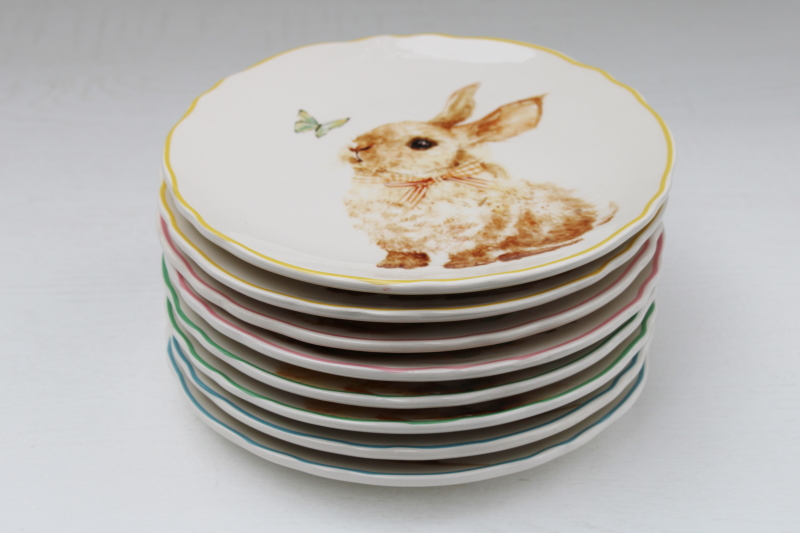 photo of Ashland Easter bunnies pattern dishes, 8 ceramic salad plates w/ pastel borders, bunny rabbits #9