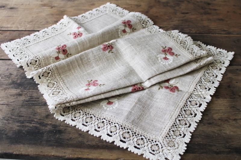 photo of Austrian lace edging embroidered table runner, flax linen w/ rustic homespun texture #1