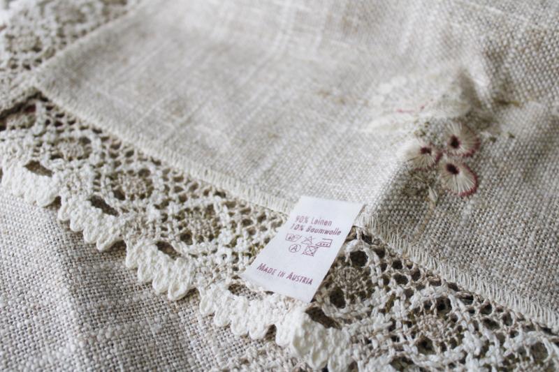 photo of Austrian lace edging embroidered table runner, flax linen w/ rustic homespun texture #3