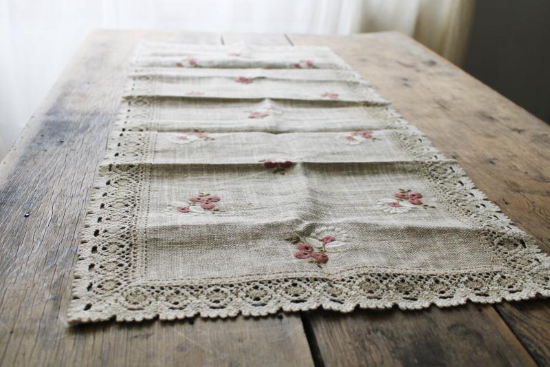 photo of Austrian lace edging embroidered table runner, flax linen w/ rustic homespun texture #4