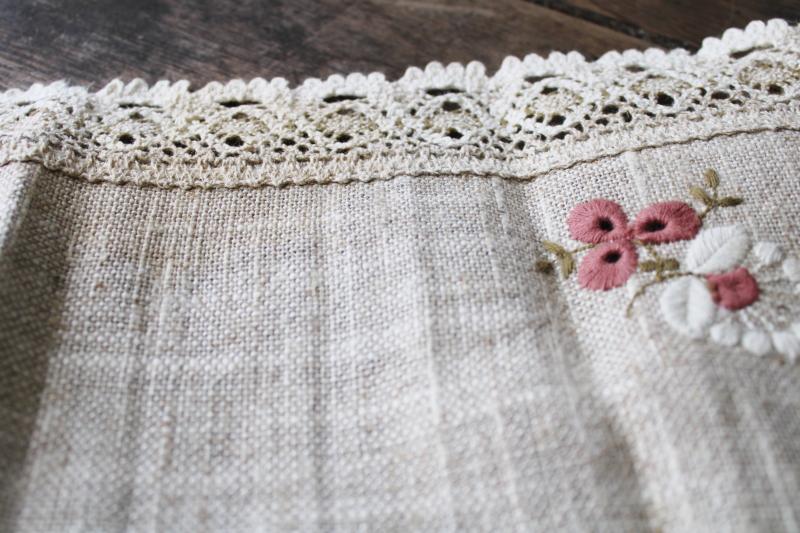 photo of Austrian lace edging embroidered table runner, flax linen w/ rustic homespun texture #5