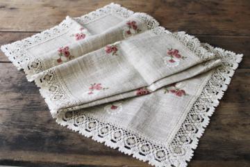 Austrian lace edging embroidered table runner, flax linen w/ rustic homespun texture