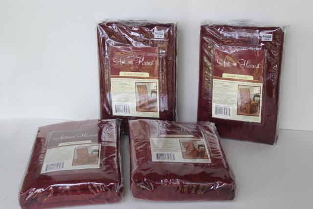 photo of Autumn Harvest burgundy wine brocade fabric chair covers, set of four mint in package #1