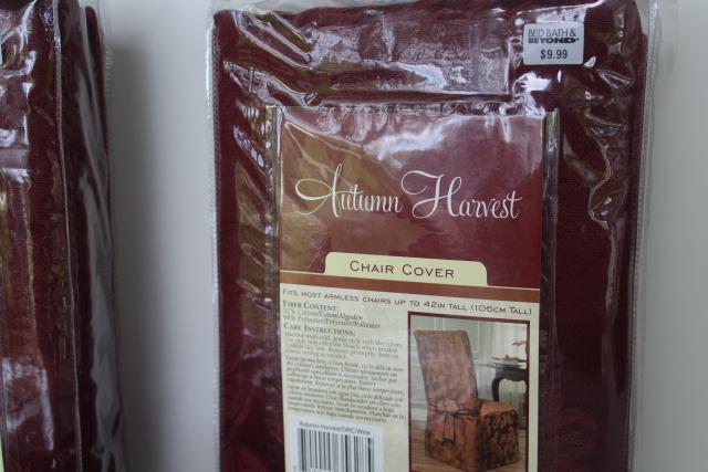 photo of Autumn Harvest burgundy wine brocade fabric chair covers, set of four mint in package #2