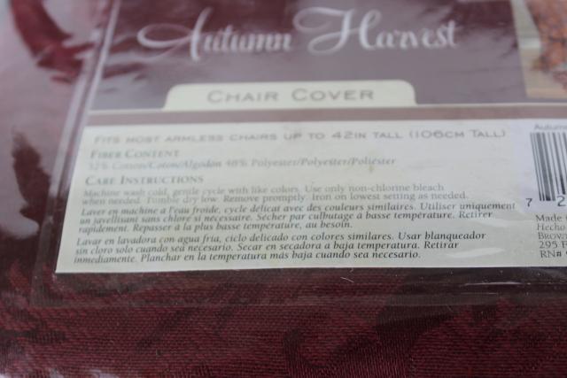 photo of Autumn Harvest burgundy wine brocade fabric chair covers, set of four mint in package #4