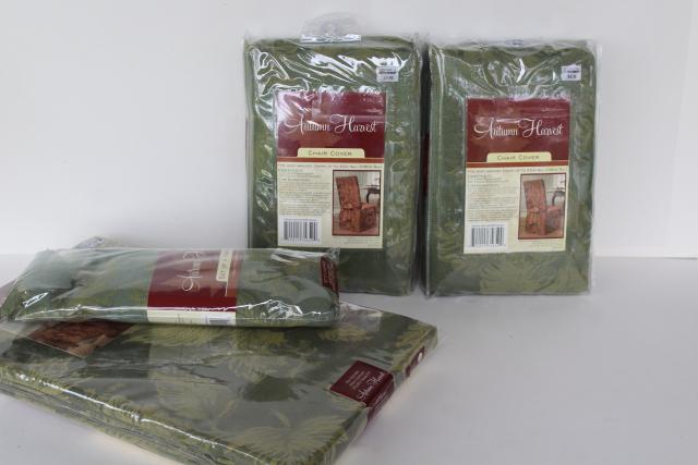 photo of Autumn Harvest green brocade chair covers, round tablecloth & napkins never used #1