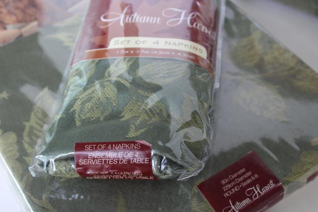 photo of Autumn Harvest green brocade chair covers, round tablecloth & napkins never used #3