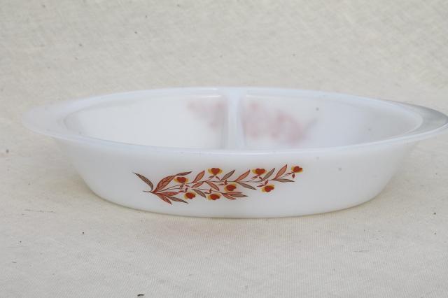 photo of Autumn Leaf vintage Glasbake oven proof glass oval casserole dish, divided bowl #1