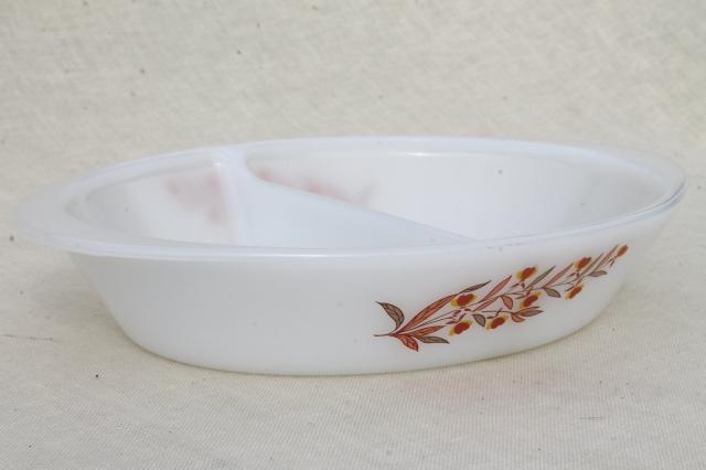 photo of Autumn Leaf vintage Glasbake oven proof glass oval casserole dish, divided bowl #2