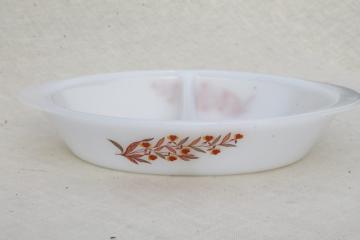 catalog photo of Autumn Leaf vintage Glasbake oven proof glass oval casserole dish, divided bowl